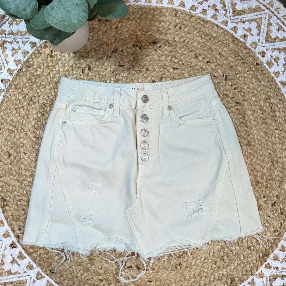 Free People Cream Distressed Button-Front Mini Skirt